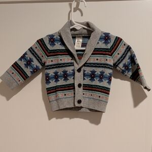 Kids Shawl Collar Button-Up Sweater - Gray with Blue Pattern